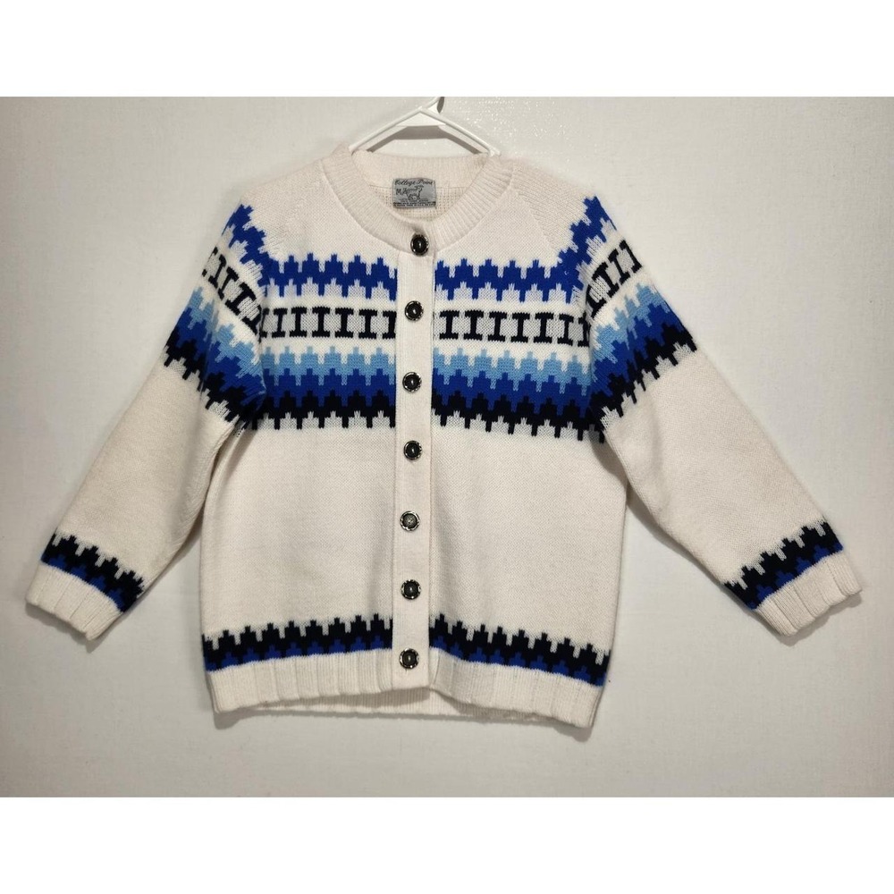 College Point Women's M Vintage Cardigan Sweater Blue White Geometric Button Fro